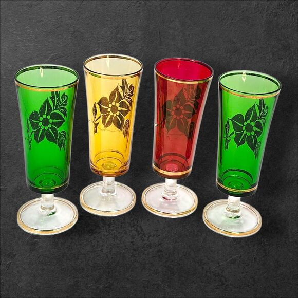 Set of 4 Vintage Footed Collins Glasses Mid-Century Libbey Style Gold Floral Red - Picture 2 of 11